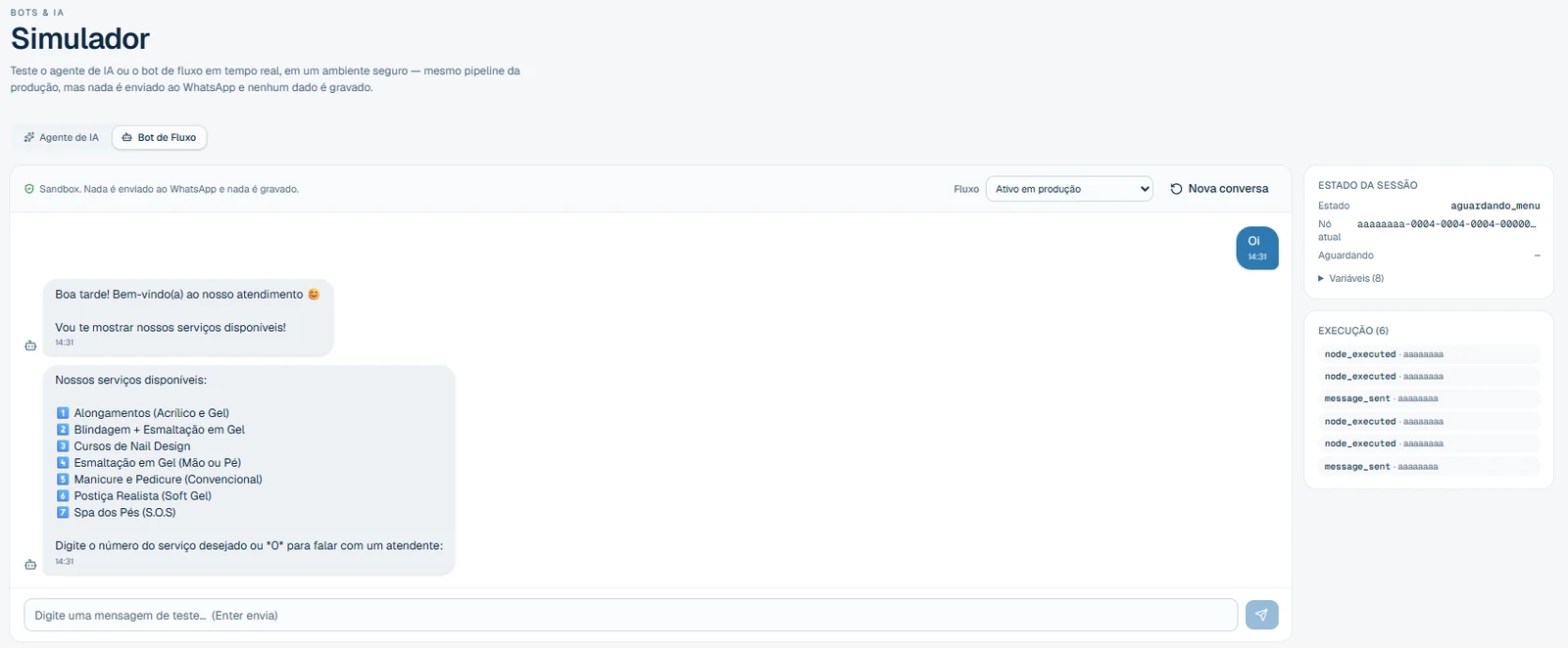 Simulador do bot da Kamino: conversa de teste ao lado do fluxo, sem enviar mensagens reais
